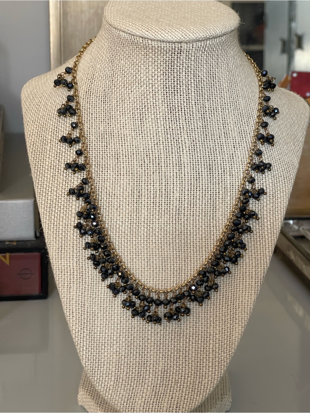 Gold-Tone Necklace with Black Beaded Fringe